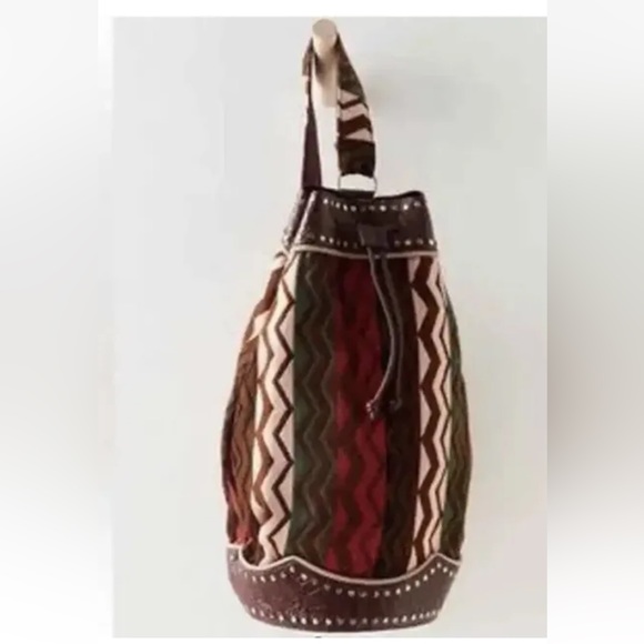 Free People Zola Leather Trimmed Tapestry Sling Bag Wavy Baby Stripes NWOT $198 - Picture 2 of 6